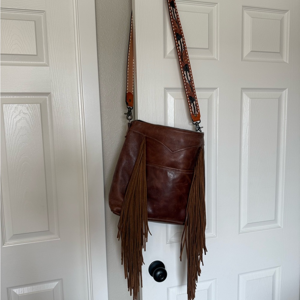 Bohemian Brown Leather Crossbody Bag with Fringe